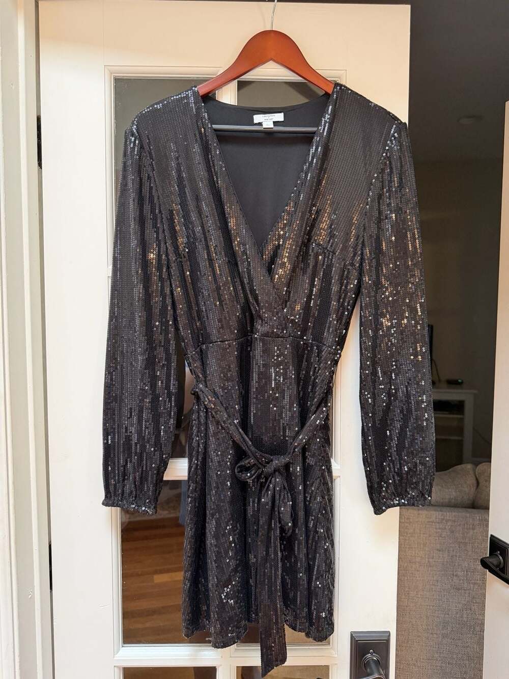 Cara Santana x Nine West Black Sequin Faux-Wrap Long Sleeve Dress